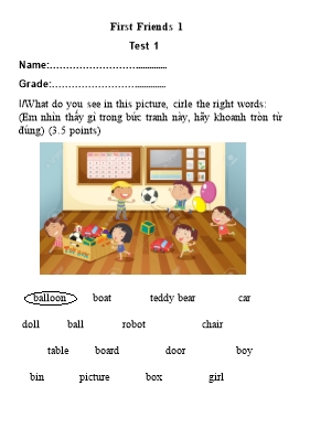 Bài kiểm tra số 1 môn Tiếng Anh Lớp 1